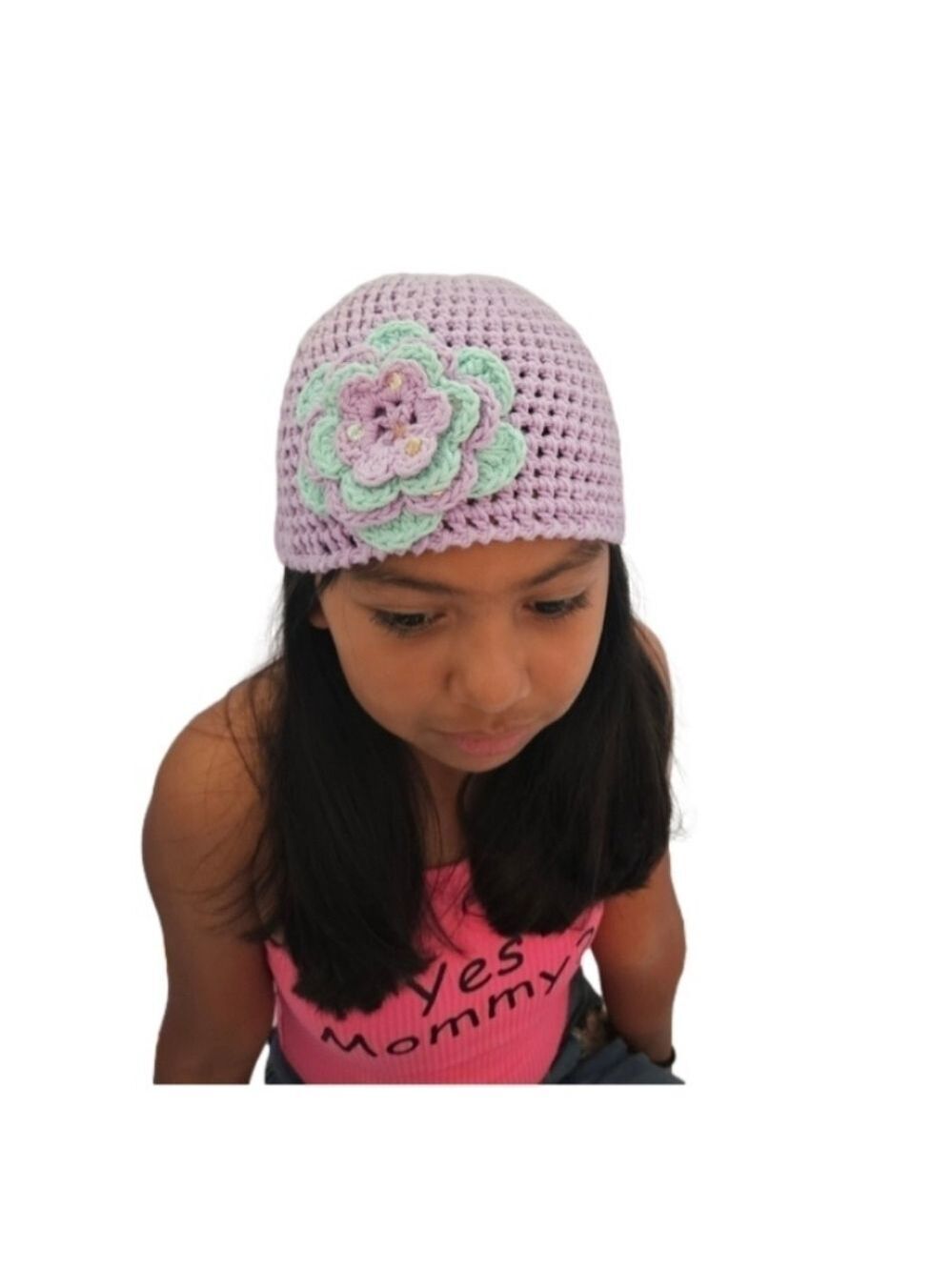 Hand Crafted upcycle crochet lavander Beanie handmade flower grannycore girl hat - Picture 7 of 17